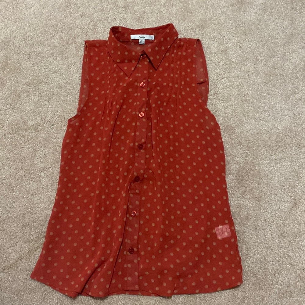 Sheer red button up polkadot top